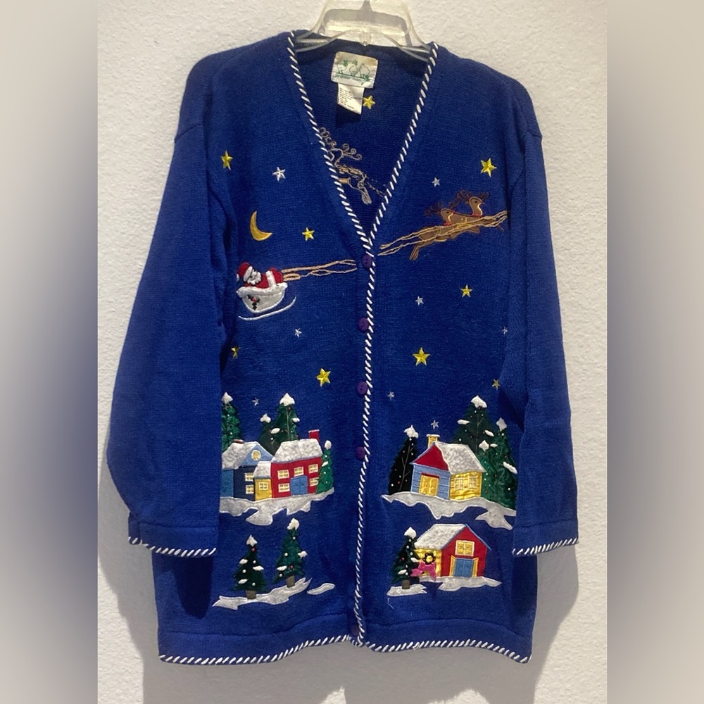 Women's Quacker Factory "Ugly Sweater" Size 1X Blue with Appliques